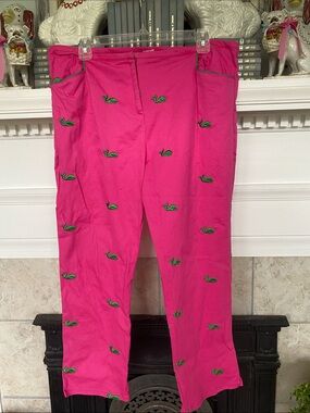 Preppy, hot pink pants with embroidered green whales
